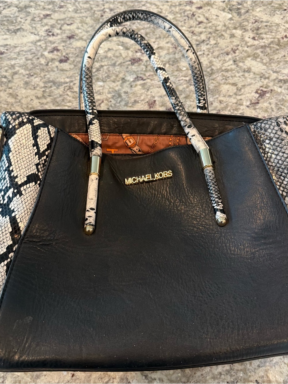 Michael Kors Black Tote with Snake-Print Trim